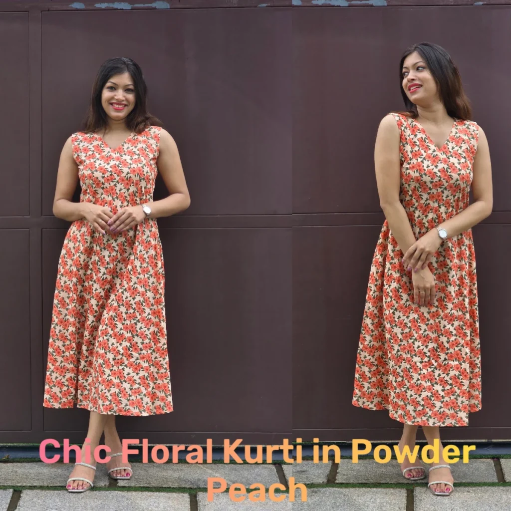 Chic Floral Kurti in Powder Peach Cotton Slub