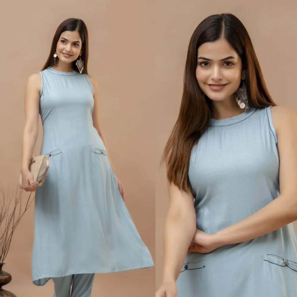 Soothing Blue Dobby Cotton Kurti Set for Minimal Chic