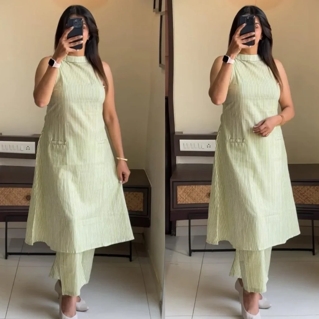 Pastel Stripes Done Right: Cotton Kurta Set with Subtle Tagai Work