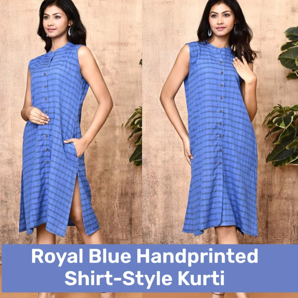 Royal Blue Handprinted Shirt-Style Kurti