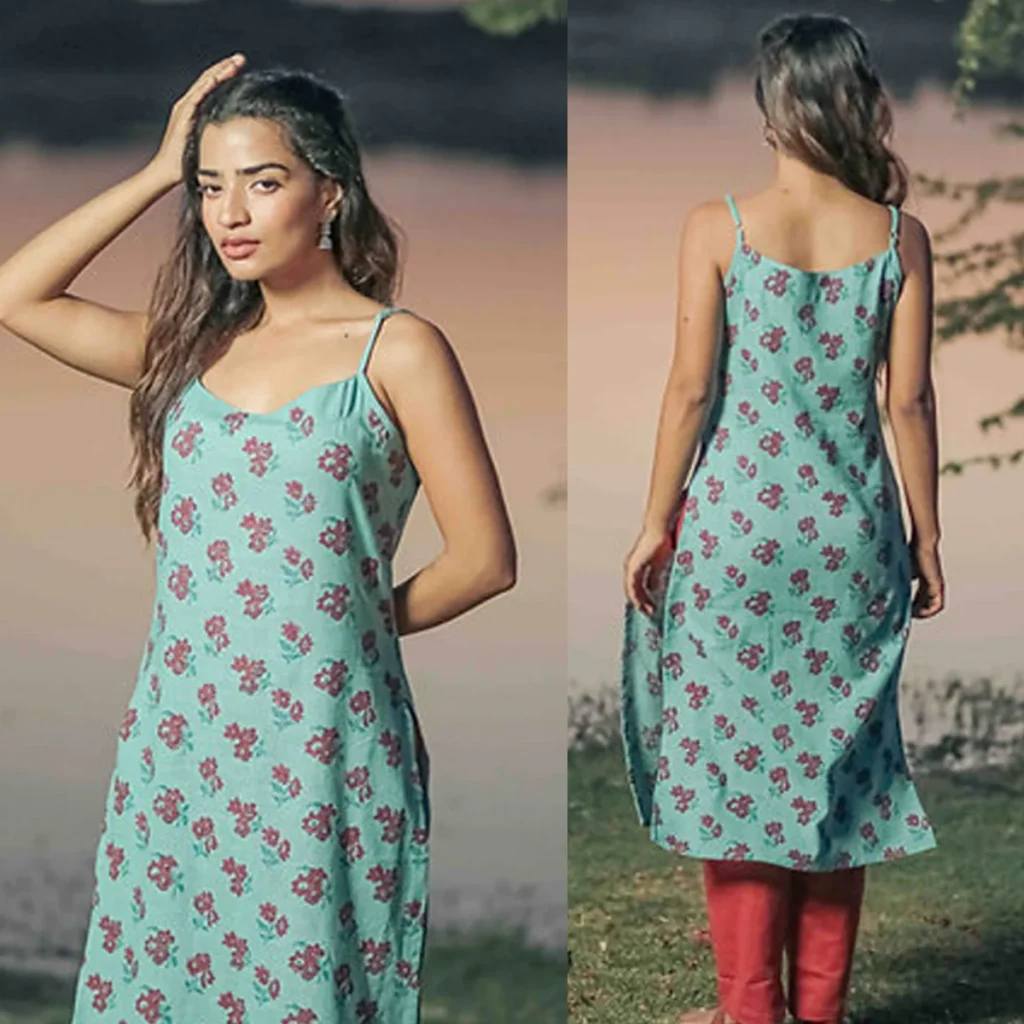 Handblock Floral Cotton Kurti with Spaghetti Straps