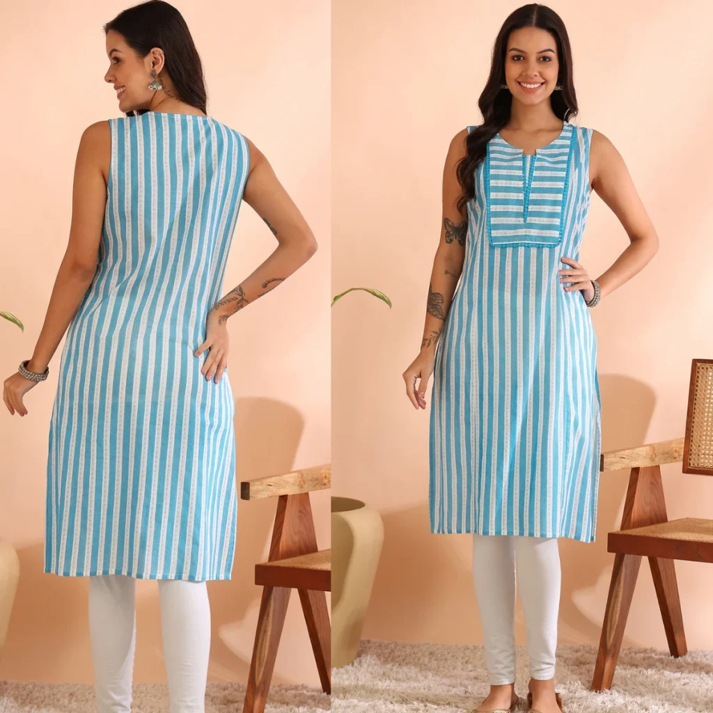 Blue & White Sleeveless Kurti for Everyday Ease
