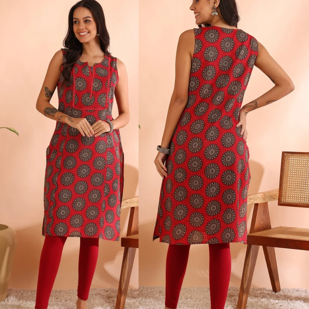 Daily Comfort: Red Printed Cotton Sleeveless Kurti