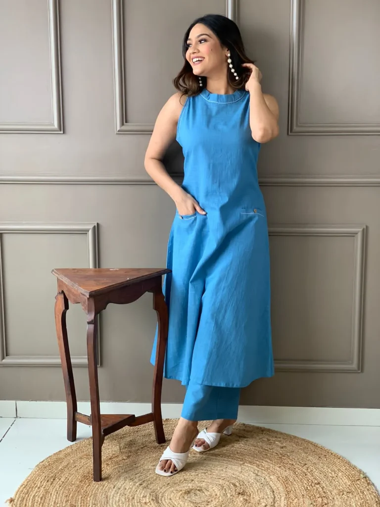 Sleeveless Cotton Work Kurti with Matching Palazzo Set