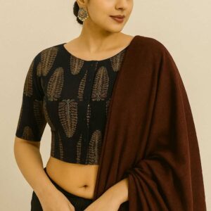 Maroon cotton Ajrakh print readymade blouse with front button design for sarees.