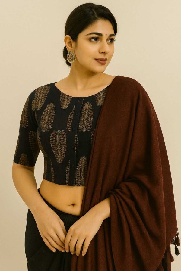 Maroon cotton Ajrakh print readymade blouse with front button design for sarees.