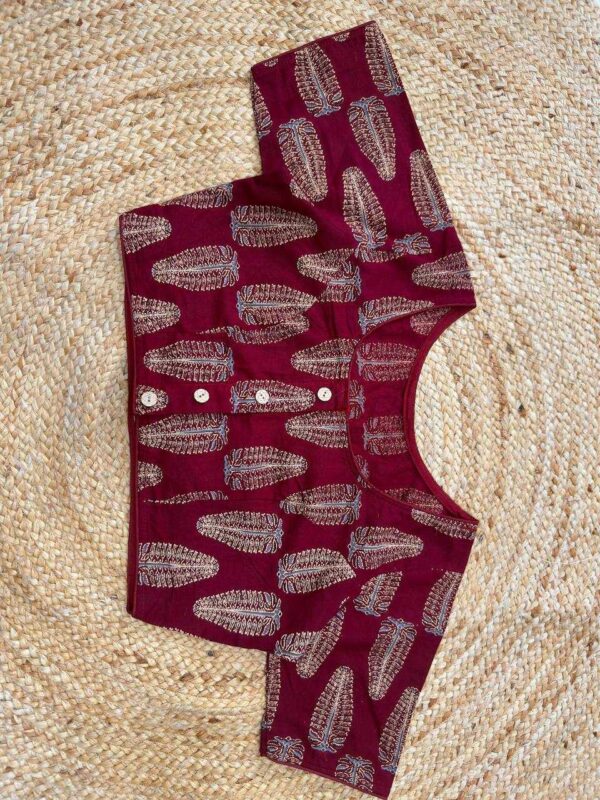 Maroon Cotton Ajrakh Print Readymade Blouse with Front Buttons for Sarees - Image 11