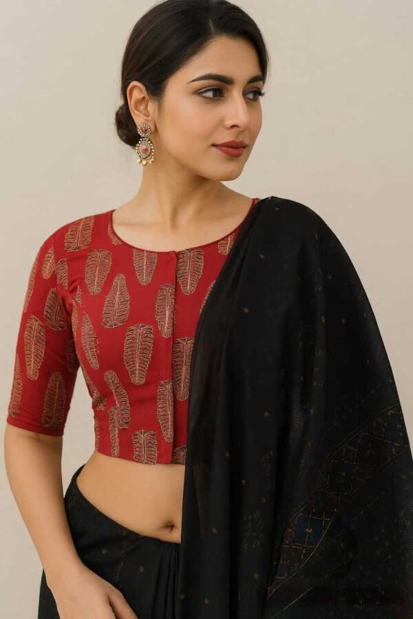 Maroon Cotton Ajrakh Print Readymade Blouse with Front Buttons for Sarees - Image 19