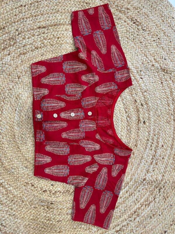 Maroon Cotton Ajrakh Print Readymade Blouse with Front Buttons for Sarees - Image 3