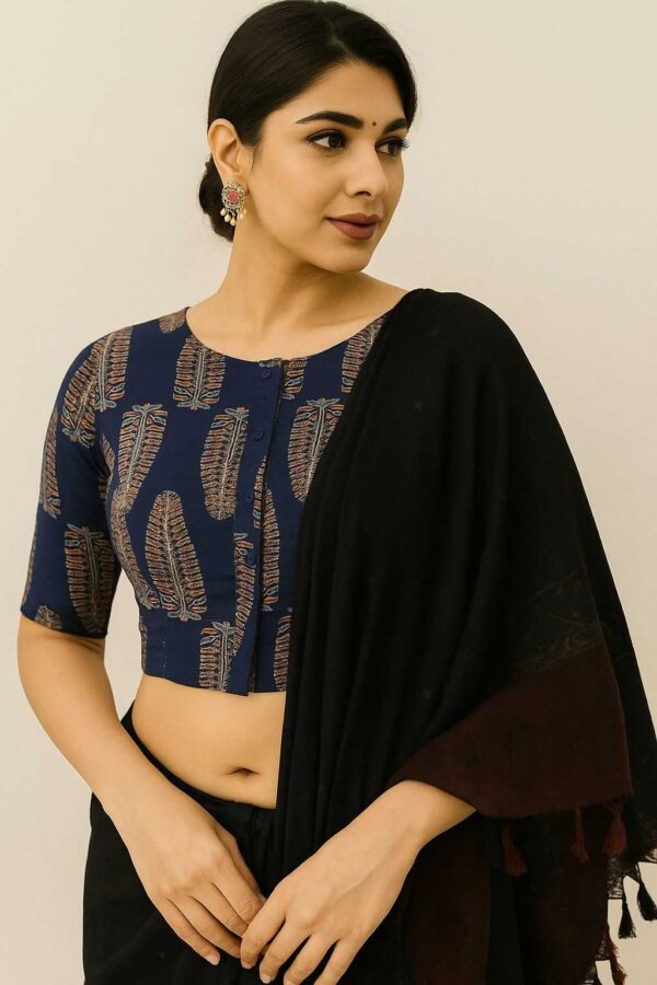 Maroon Cotton Ajrakh Print Readymade Blouse with Front Buttons for Sarees - Image 17