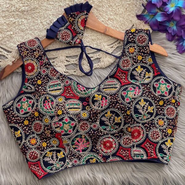 Navy Blue Mirror Work Embroidered Georgette Readymade Blouse for Navratri & Party Wear - Image 3