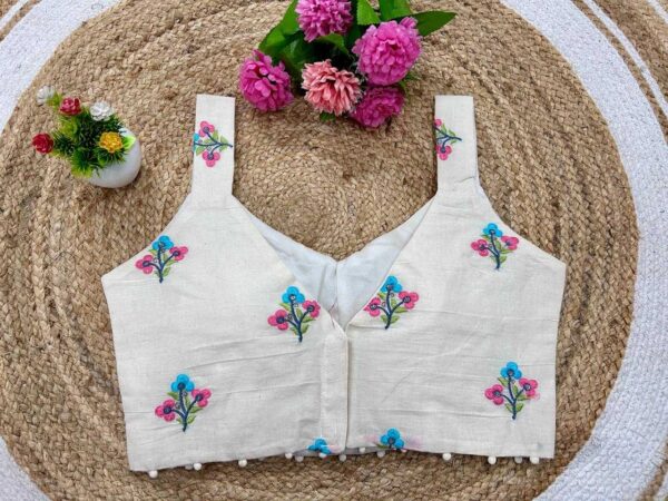 Beige Khadi Cotton Sleeveless V-Neck Embroidered Readymade Blouse for Festive & Party Wear - Image 15