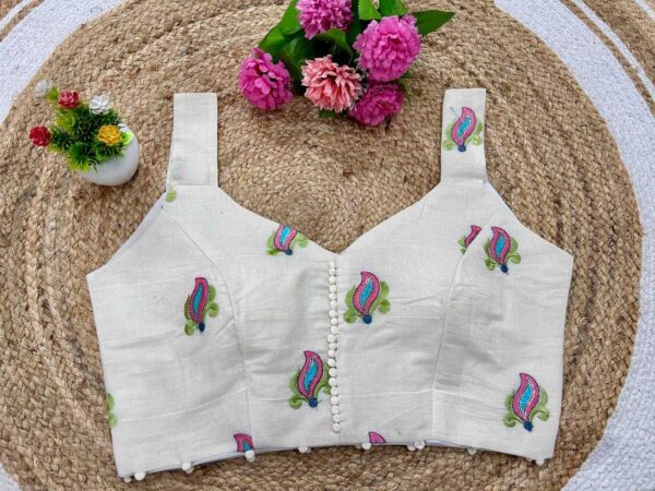 Beige Khadi Cotton Sleeveless V-Neck Embroidered Readymade Blouse for Festive & Party Wear - Image 14