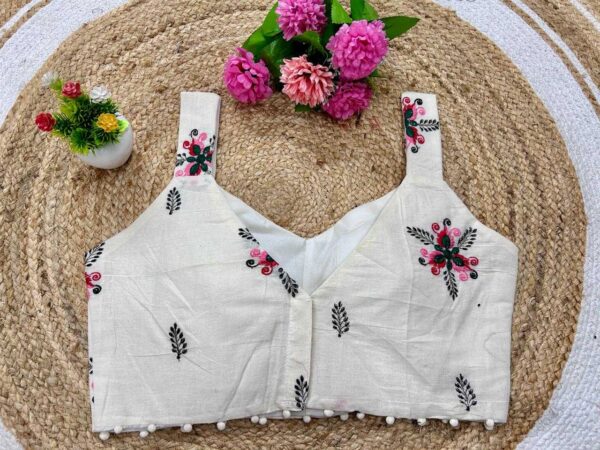 Beige Khadi Cotton Sleeveless V-Neck Embroidered Readymade Blouse for Festive & Party Wear - Image 13