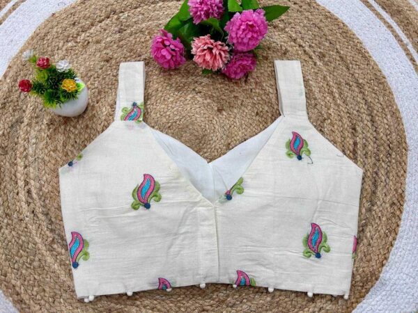 Beige Khadi Cotton Sleeveless V-Neck Embroidered Readymade Blouse for Festive & Party Wear - Image 12