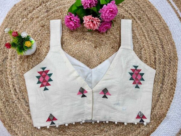 Beige Khadi Cotton Sleeveless V-Neck Embroidered Readymade Blouse for Festive & Party Wear - Image 7