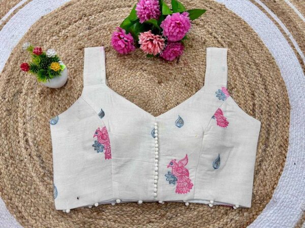 Beige Khadi Cotton Sleeveless V-Neck Embroidered Readymade Blouse for Festive & Party Wear - Image 8