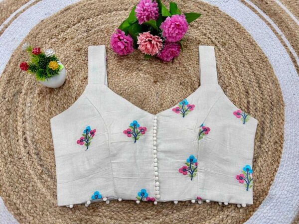 Beige Khadi Cotton Sleeveless V-Neck Embroidered Readymade Blouse for Festive & Party Wear - Image 9
