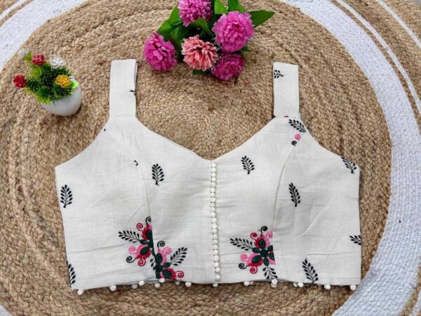 Beige Khadi Cotton Sleeveless V-Neck Embroidered Readymade Blouse for Festive & Party Wear - Image 10