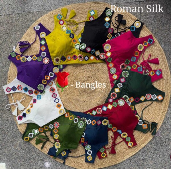 Black Roman Silk V-Neck Mirror Work Readymade Blouse for Navratri & Party Wear - Image 3