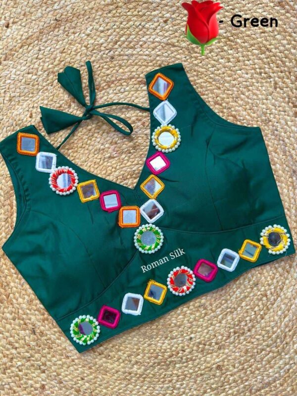 Black Roman Silk V-Neck Mirror Work Readymade Blouse for Navratri & Party Wear - Image 14