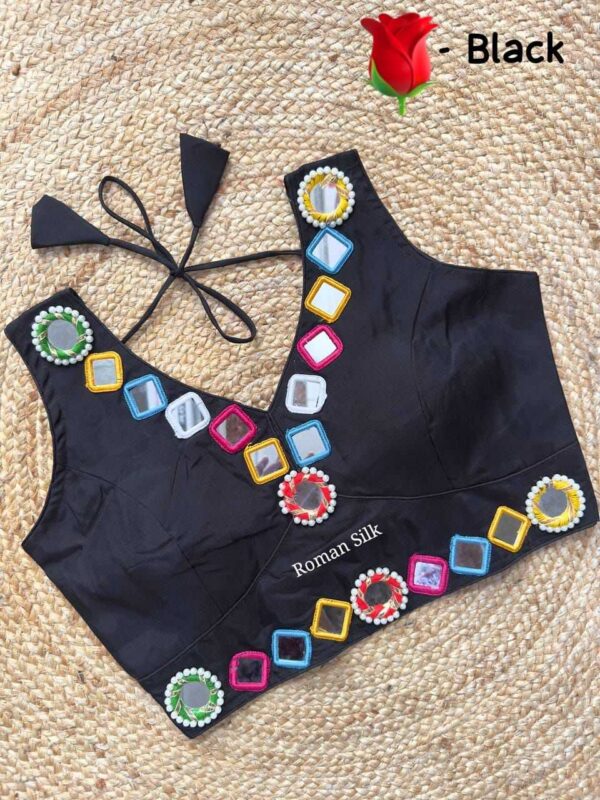 Black Roman Silk V-Neck Mirror Work Readymade Blouse for Navratri & Party Wear - Image 21