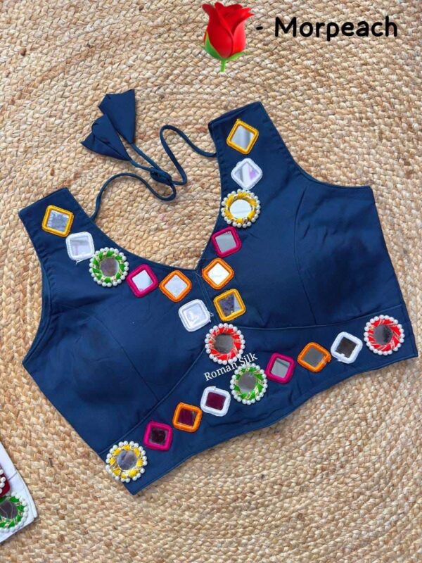 Black Roman Silk V-Neck Mirror Work Readymade Blouse for Navratri & Party Wear - Image 22
