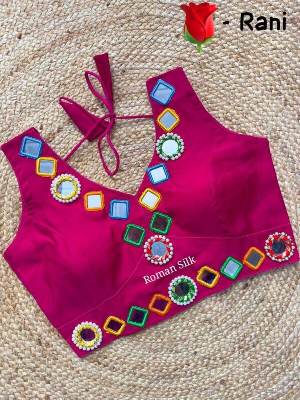Black Roman Silk V-Neck Mirror Work Readymade Blouse for Navratri & Party Wear - Image 6