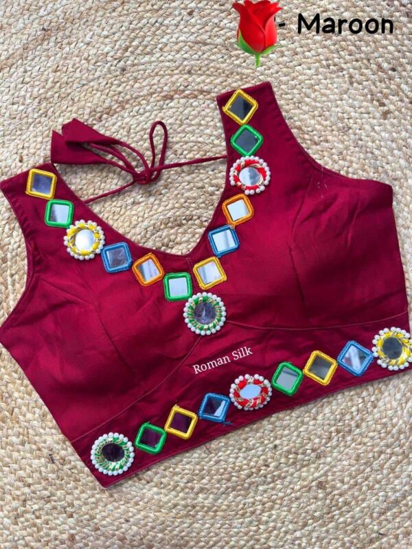 Black Roman Silk V-Neck Mirror Work Readymade Blouse for Navratri & Party Wear - Image 10