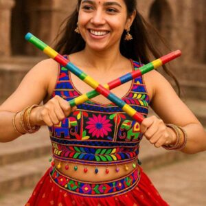 Gamthi Hathi embroidered silk sleeveless Navratri blouse with colorful mirror work and lace-up back.