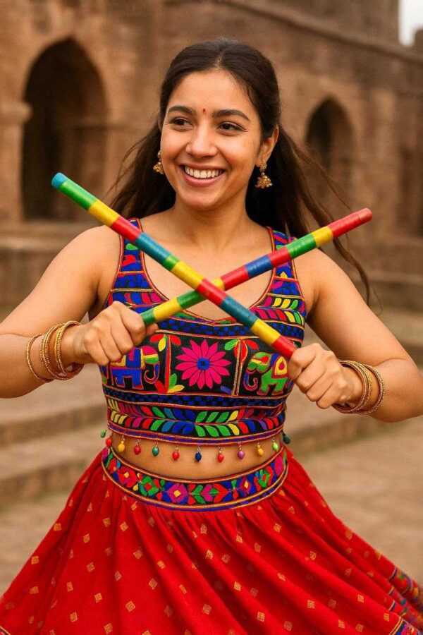 Gamthi Hathi embroidered silk sleeveless Navratri blouse with colorful mirror work and lace-up back.