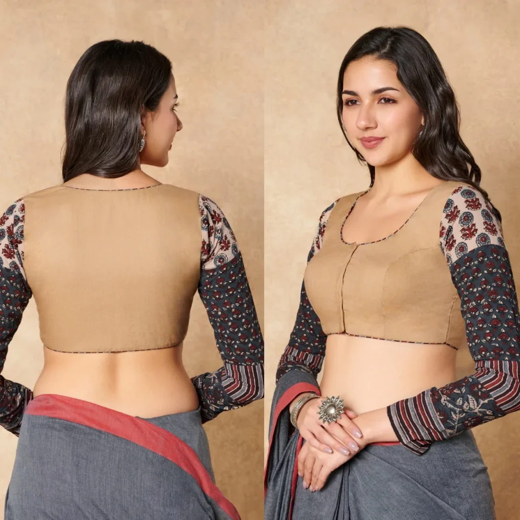 Beige Ajrakh Cotton full sleeve blouse