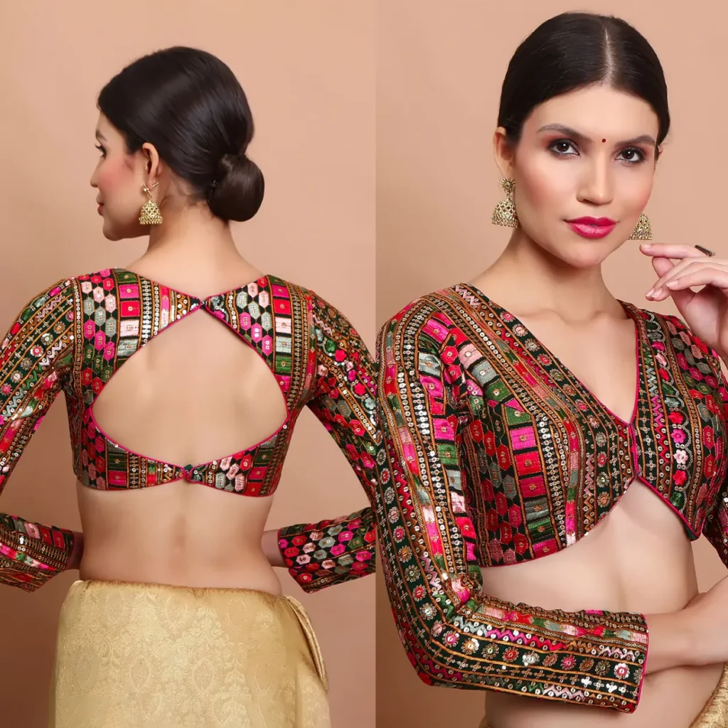 Green Embroidered V-Neck Blouse