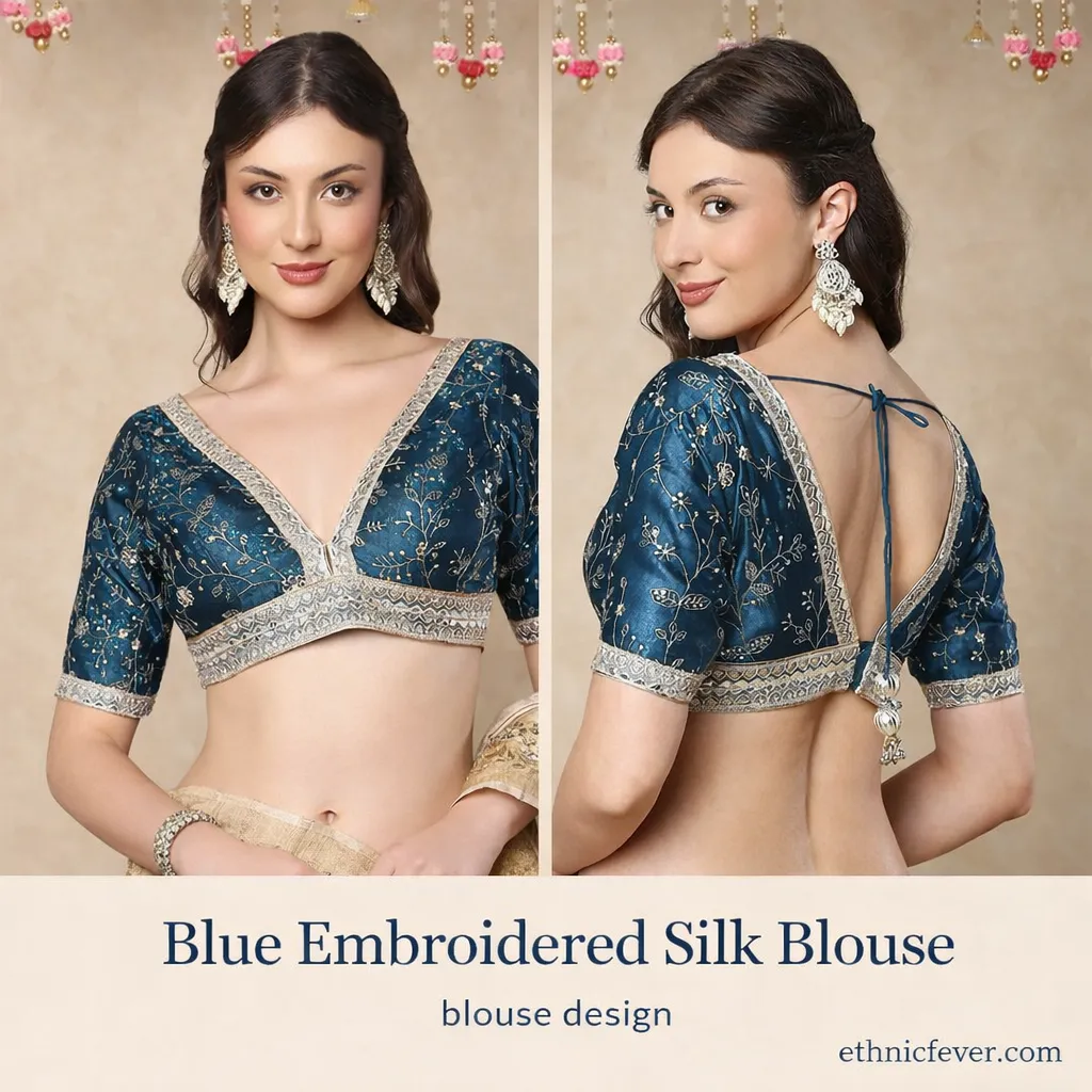 Blue Embroidered Silk Blouse