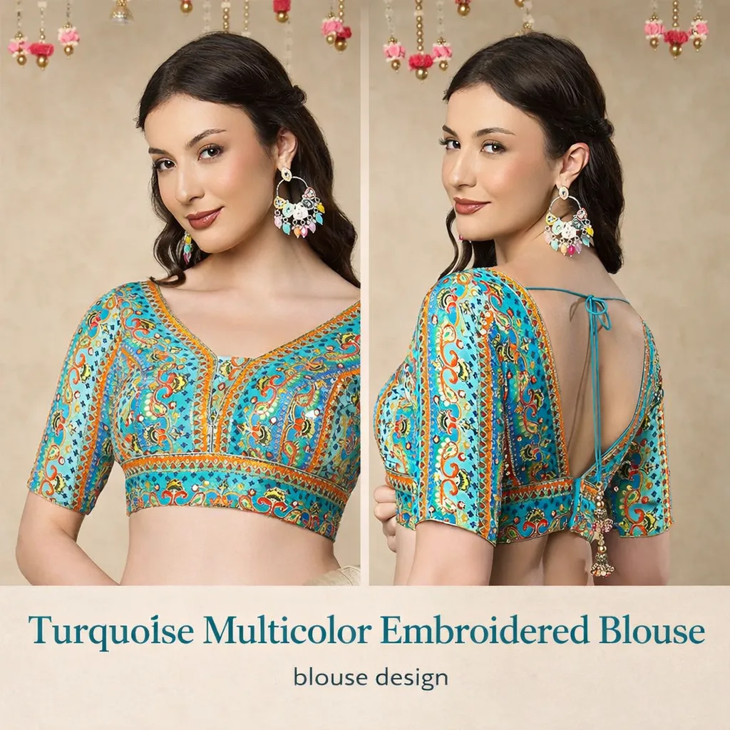 Turquoise Multicolor Embroidered Blouse