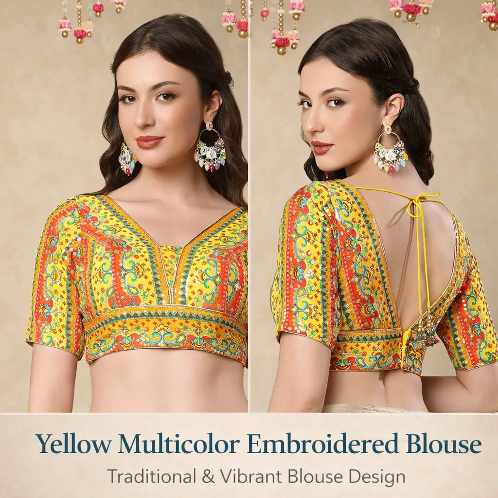 Yellow Multicolor Embroidered Blouse