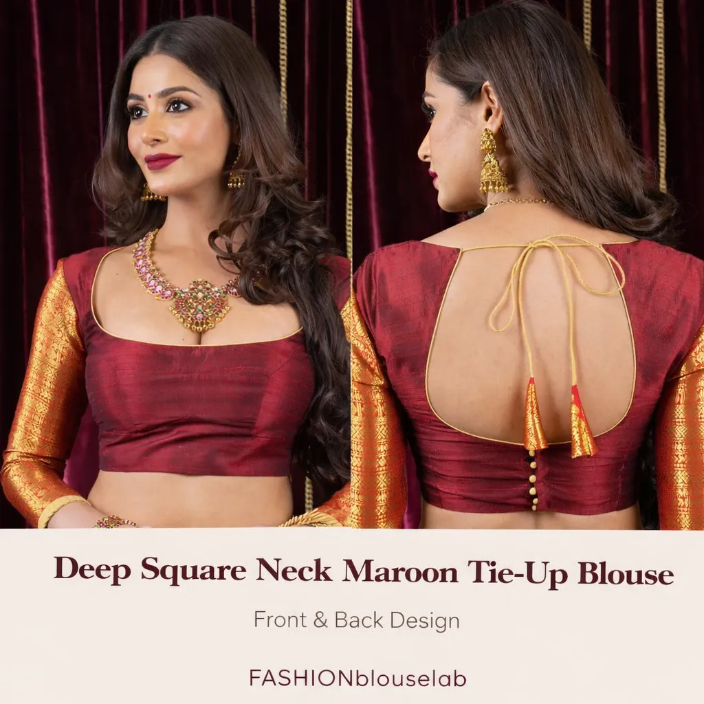 Deep Square Neck Maroon Tie-Up Blouse