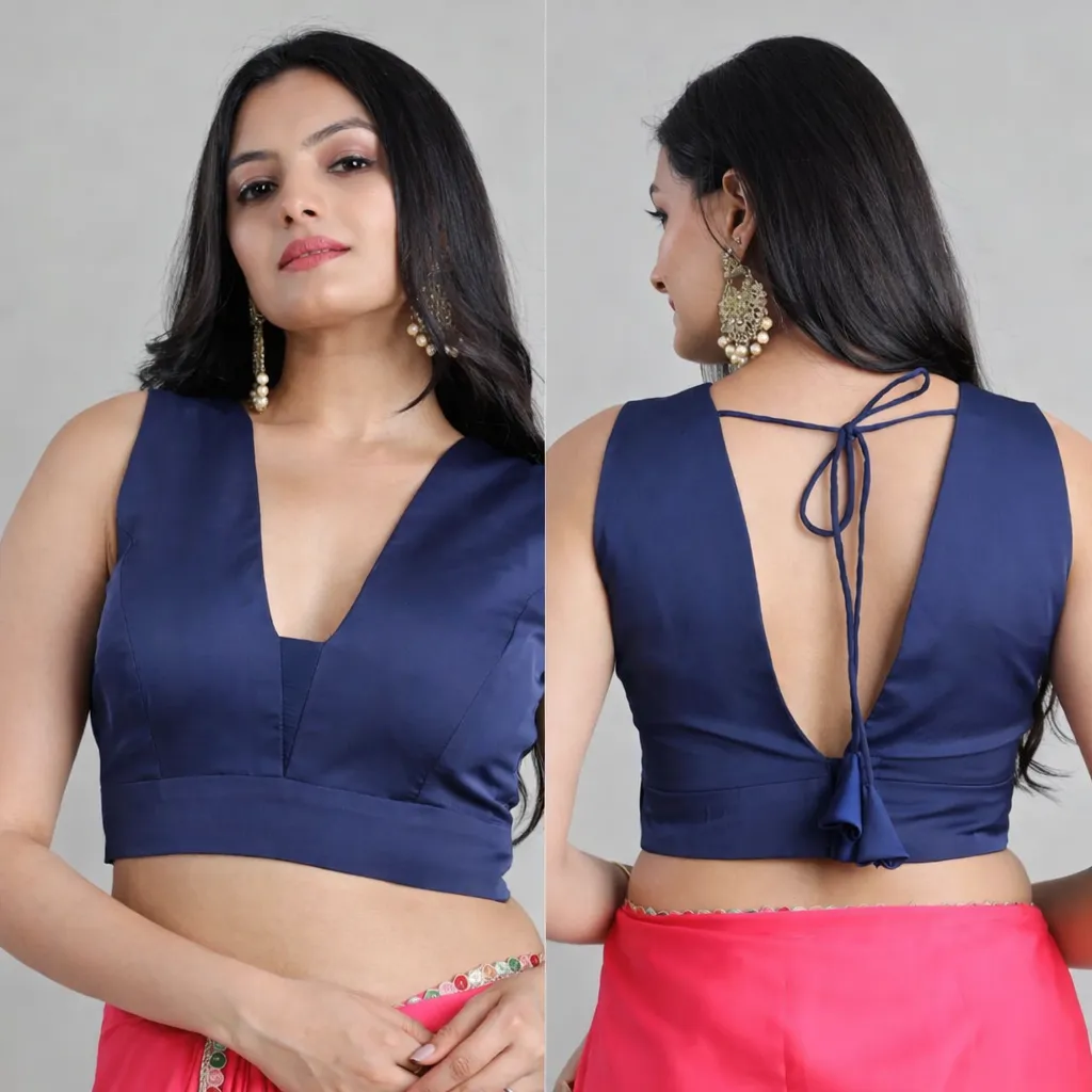 Navy Blue Deep V-Neck Tie-Up Blouse