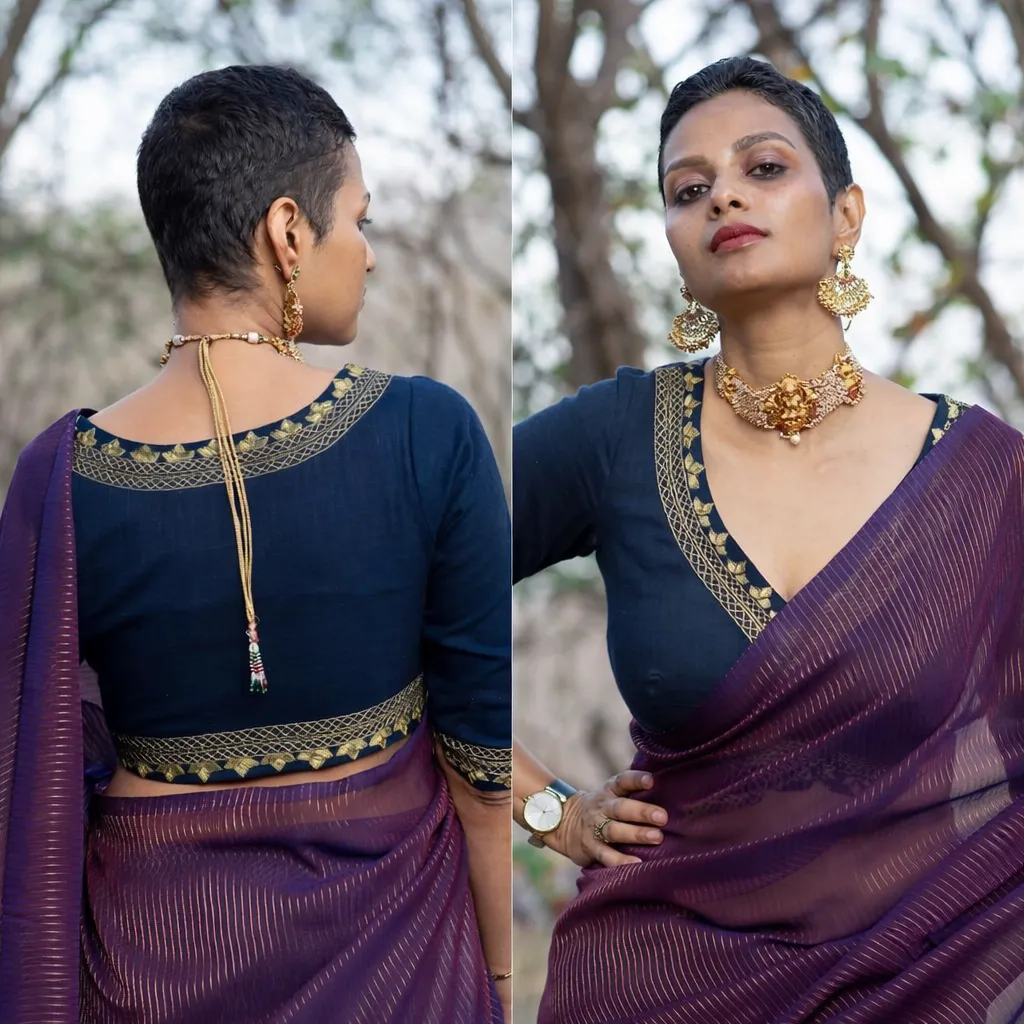 Traditional Deep Neck Navy Blouse