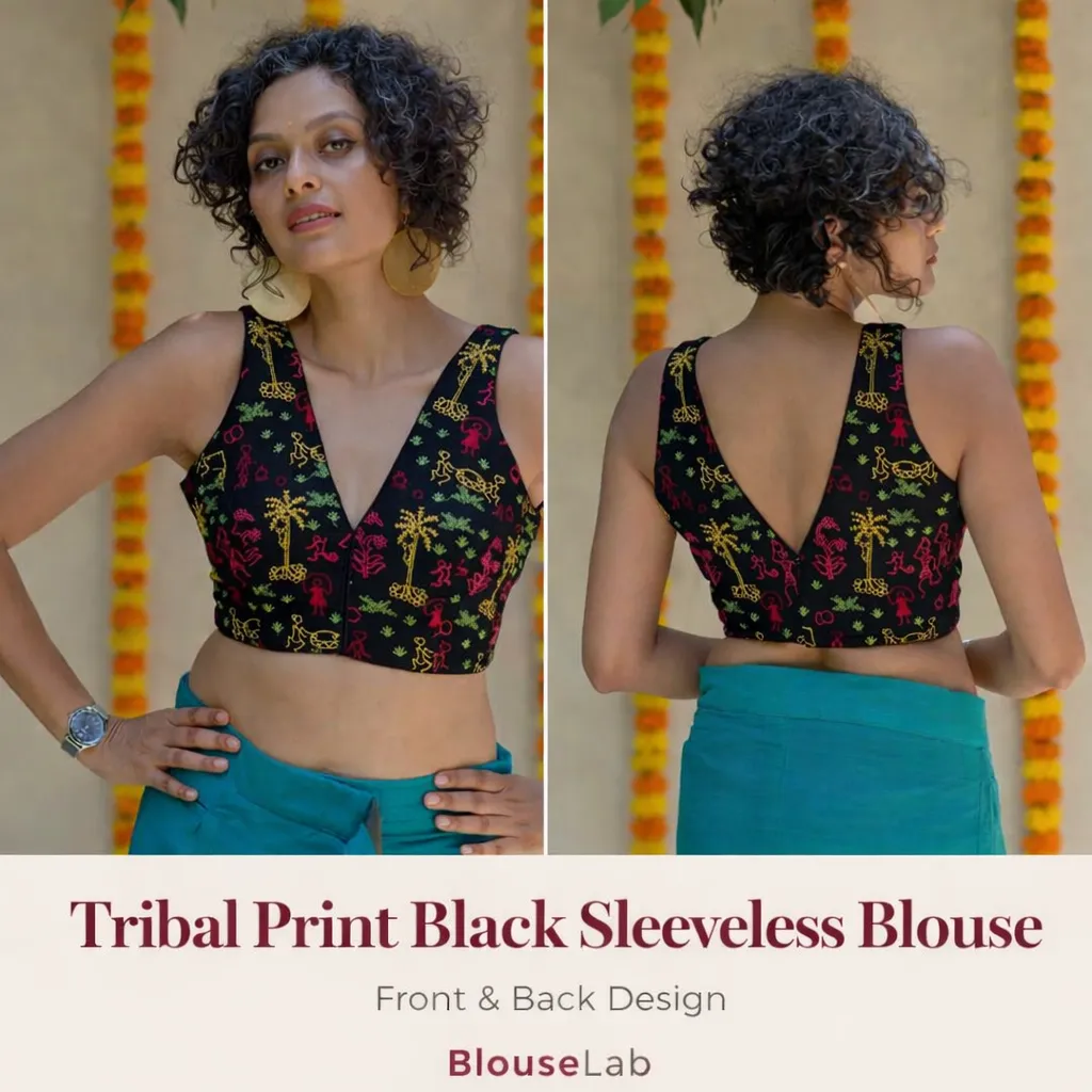 Tribal Print Black Sleeveless Blouse