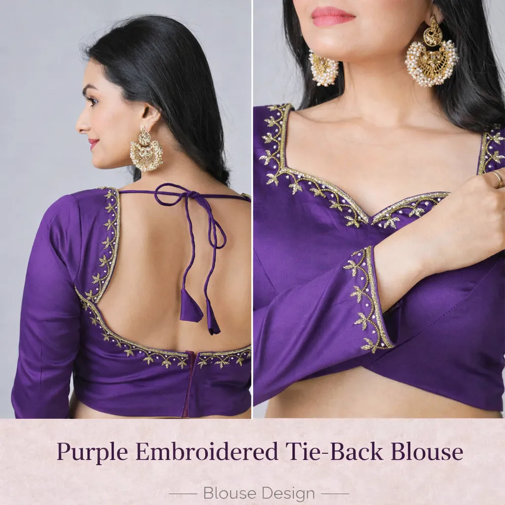 Purple Embroidered Tie-Back Blouse