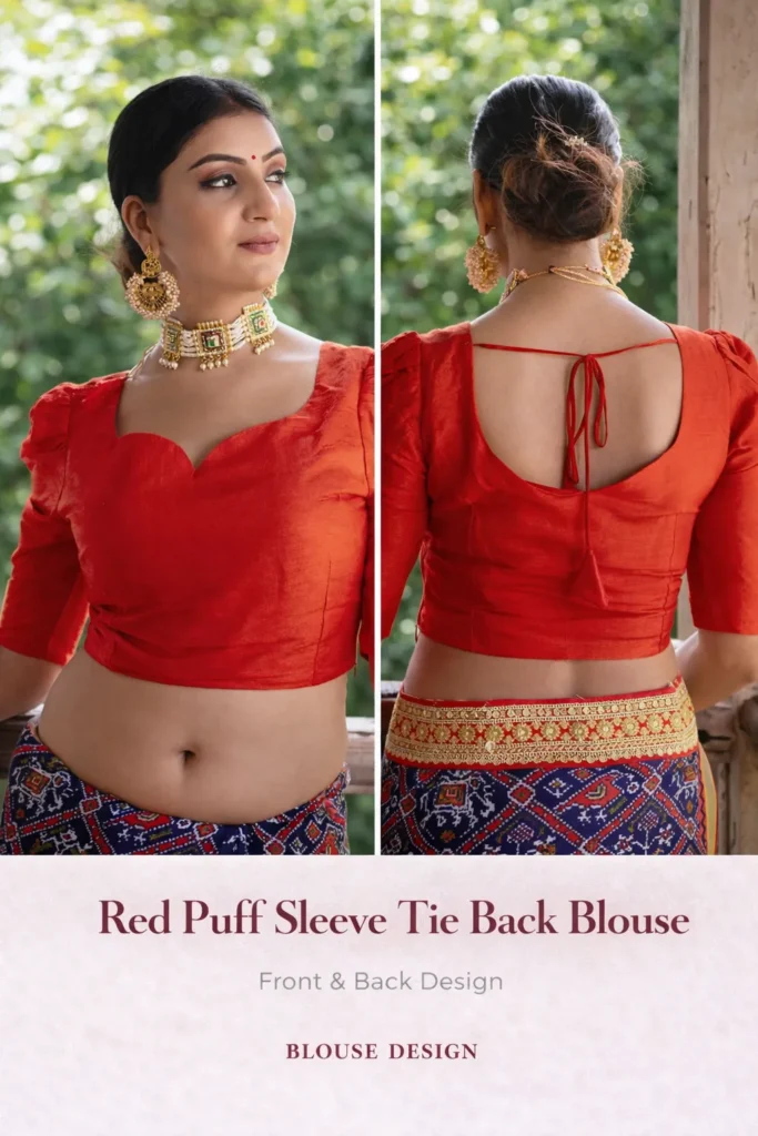 Red Puff Sleeve Tie Back Blouse