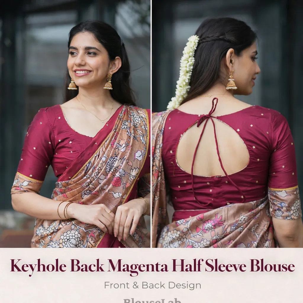 Keyhole Back Magenta Half Sleeve Blouse