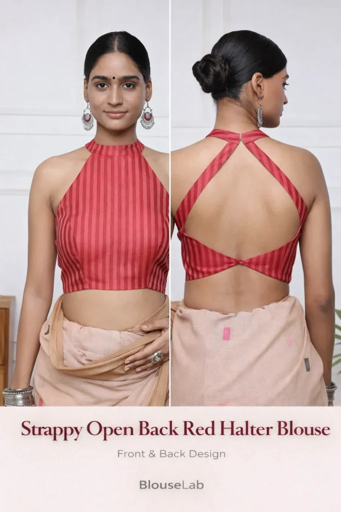 Strappy Open Back Red Halter Blouse