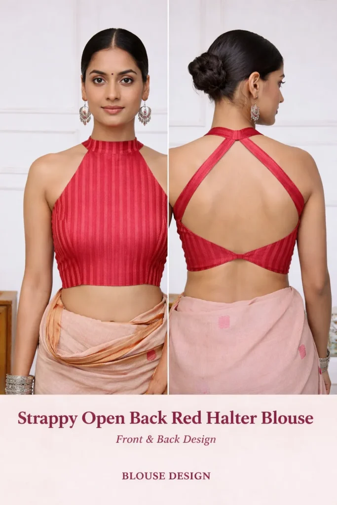 Strappy Open Back Red Halter Blouse