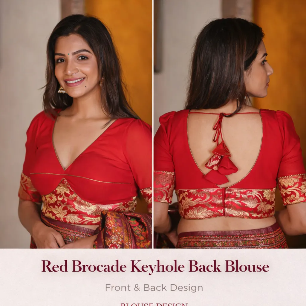 Red Brocade Keyhole Back Blouse