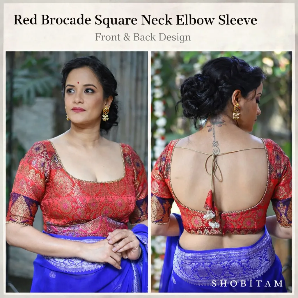 Red Brocade Square Neck Blouse