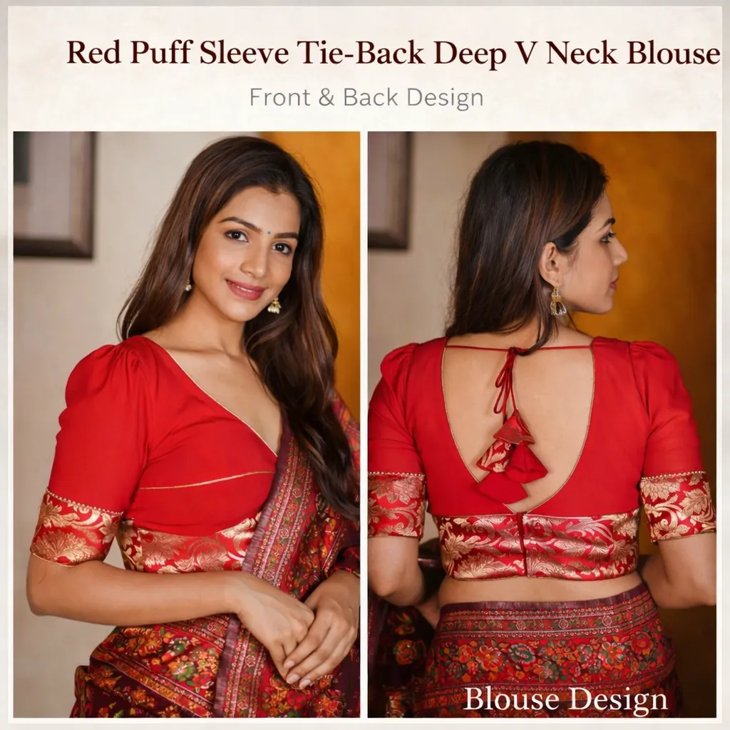Red Puff Sleeve Tie-Back Deep V Neck Blouse