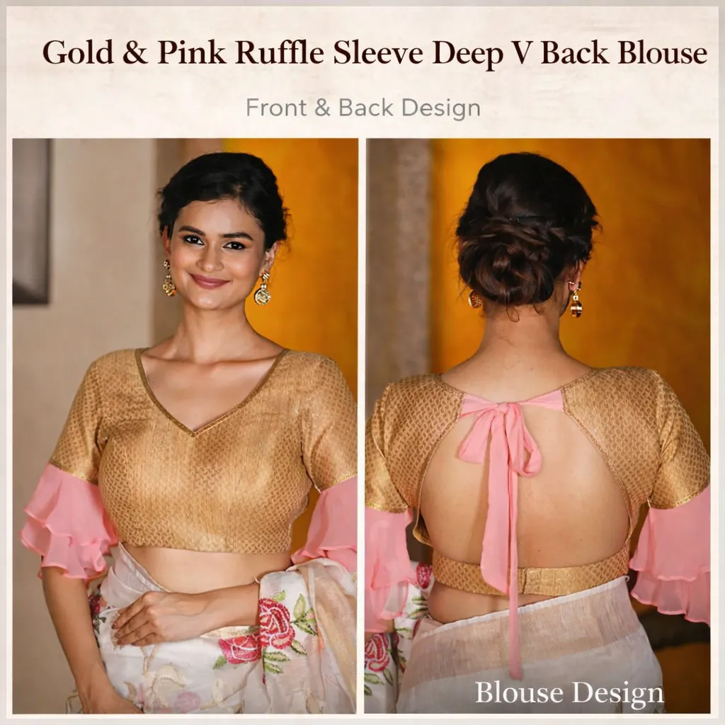 Gold & Pink Ruffle Sleeve Deep V Back Blouse