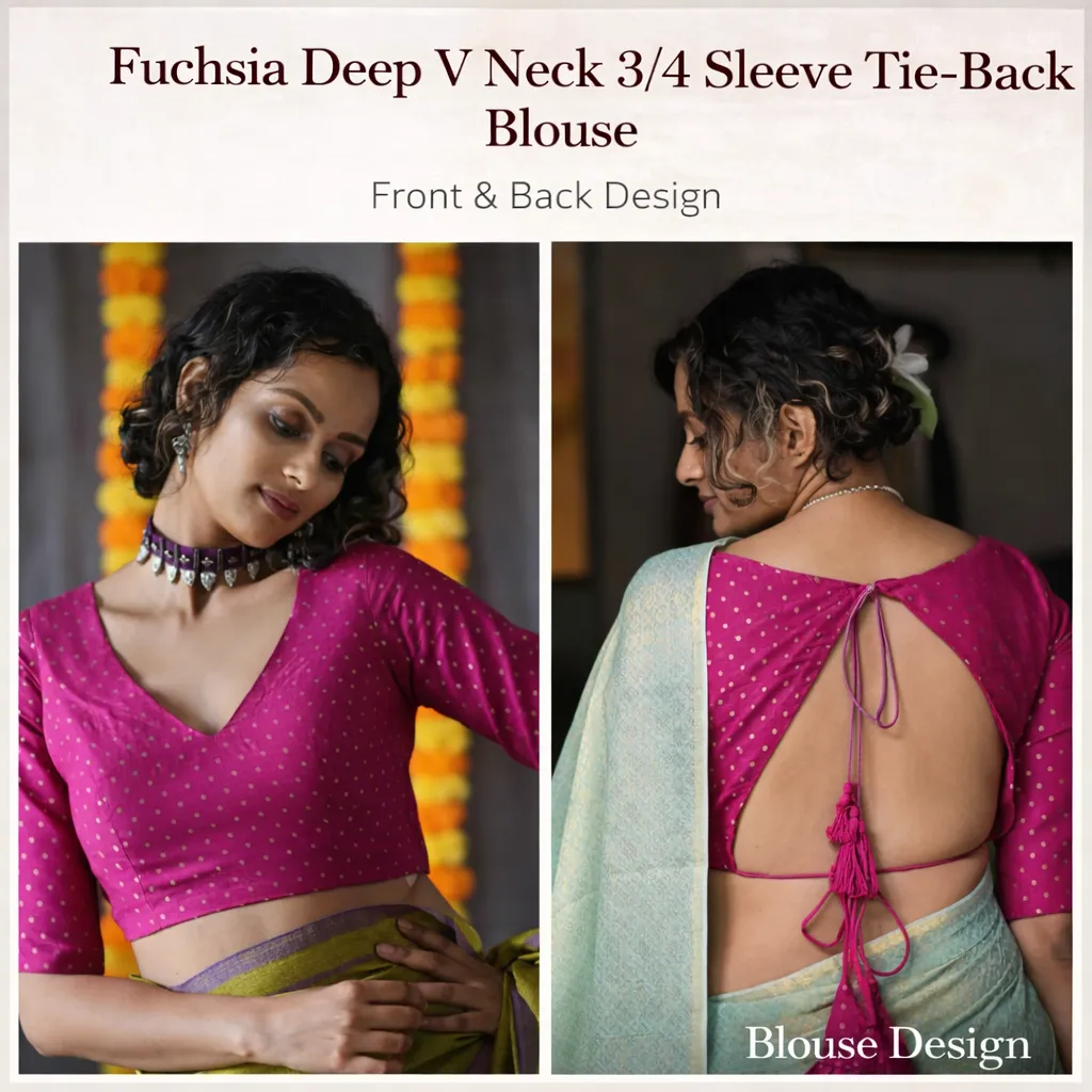 Fuchsia Deep V Neck 3/4 Sleeve Blouse